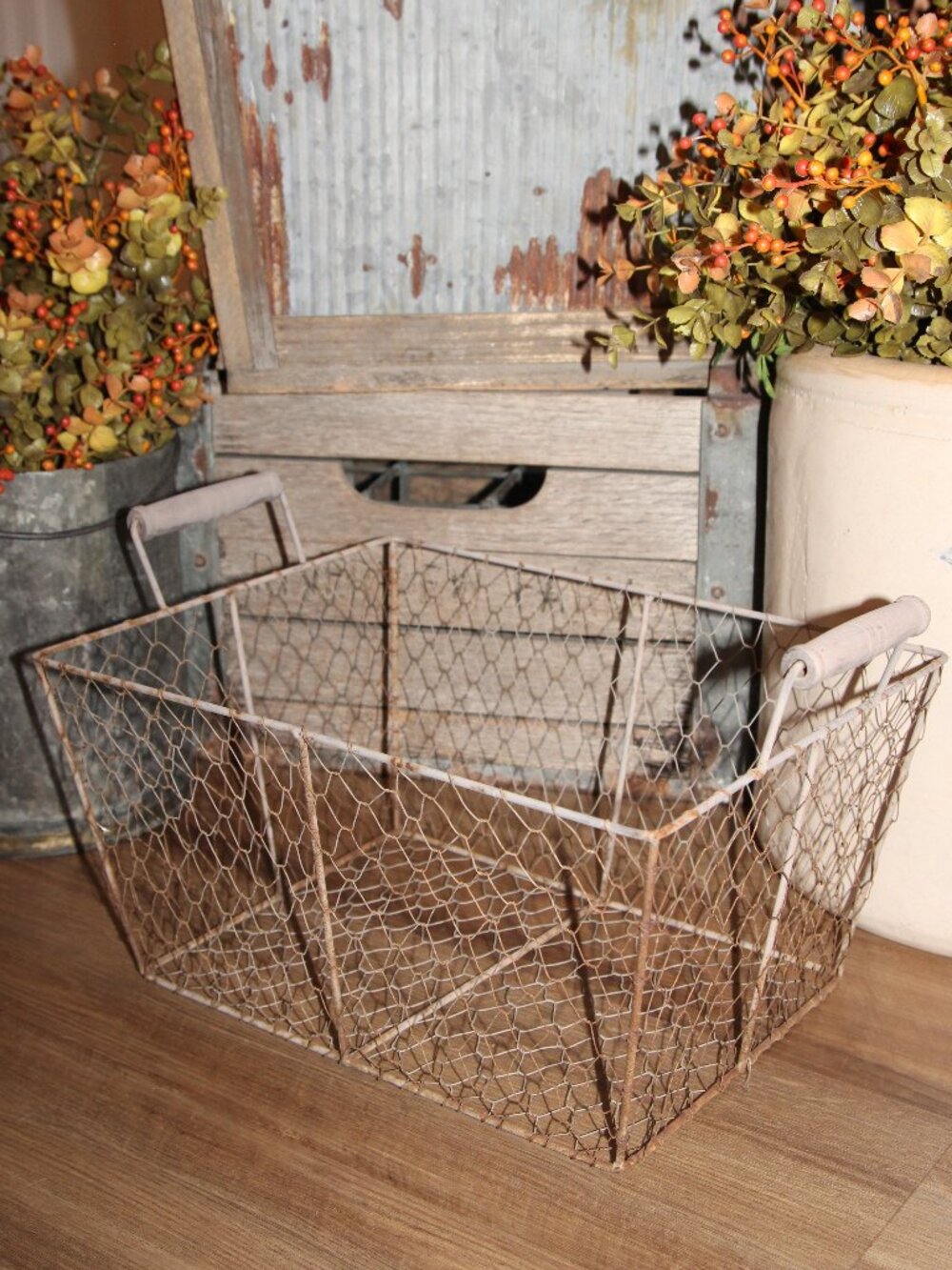 Large Grungy Rustic Weathered Aged Farmhouse Chicken Wire Basket